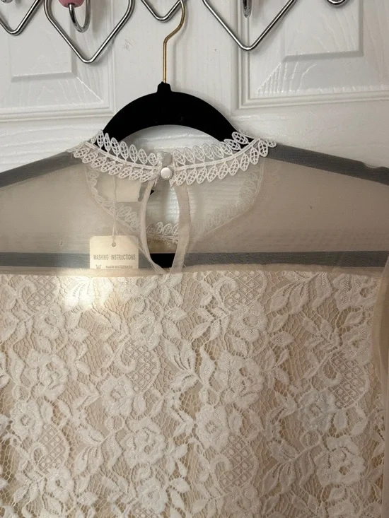 Delicate Lace Overlay Long-Sleeve Top — Cream - Picture 9 of 14